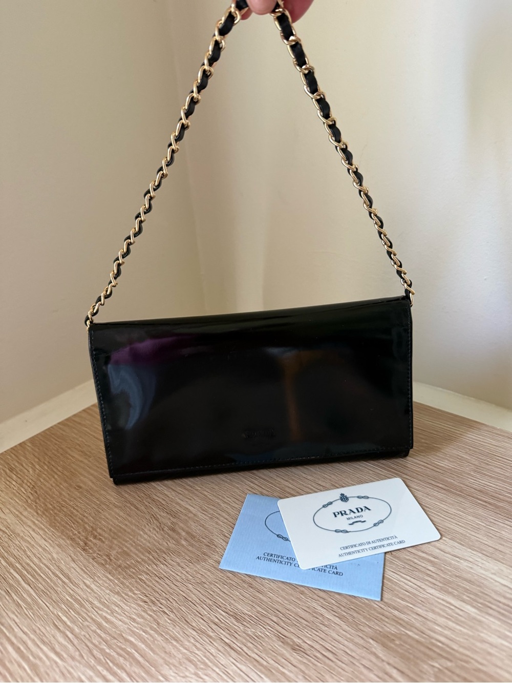 Prada Black Patent Leather Convertible Clutch Long Wallet